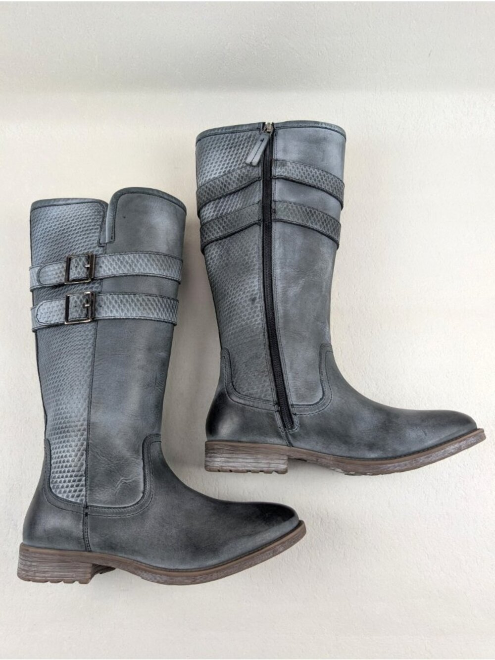 Roan Date Tall Riding Boot Womens 9.5 Gray Leather Zip Double Strap Boho NEW